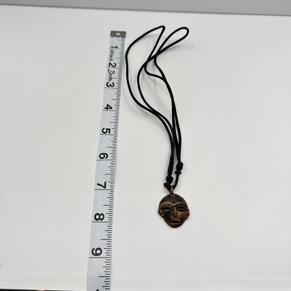 Vintage 90s Bronze Tribal Mask Pendant Necklace Women's Jewelry